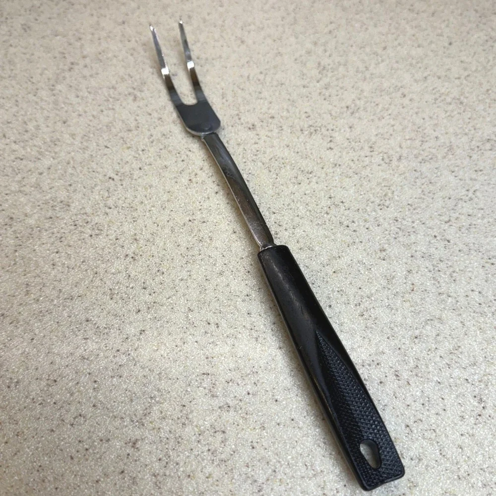 Vintage Ekco USA Meat Carving Fork Stainless‎ Steel Black Handle 2 Tine Tool